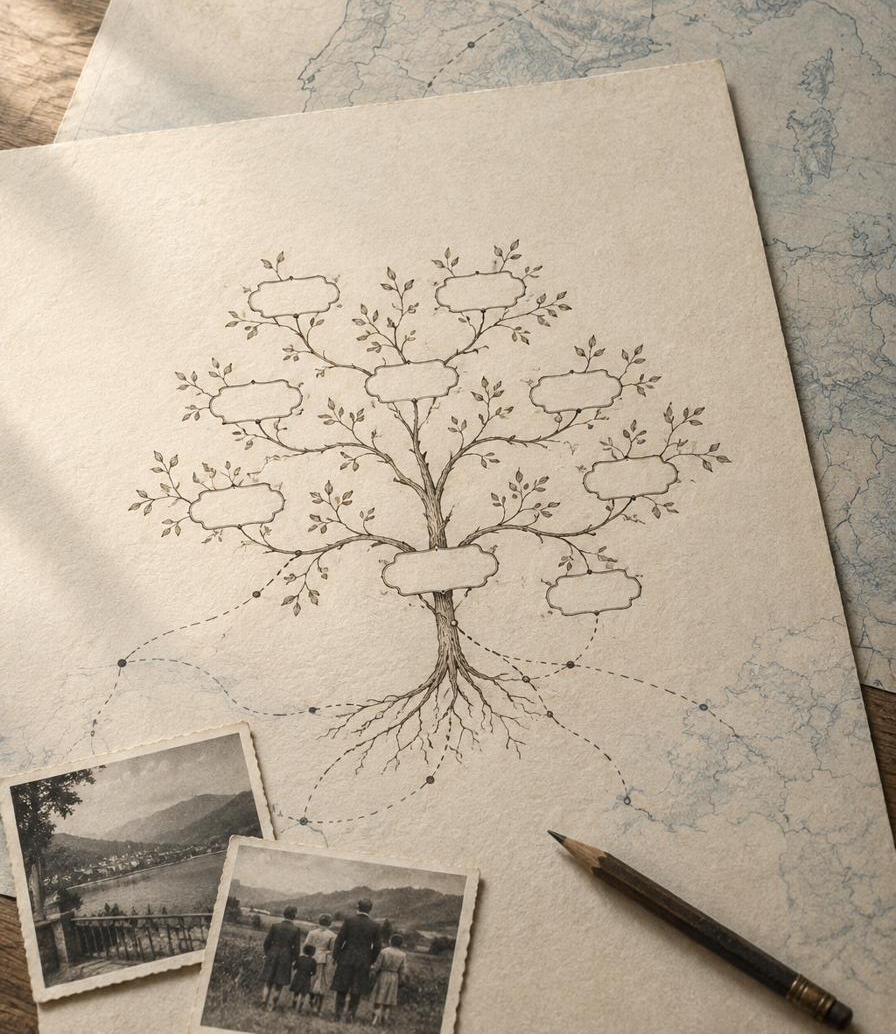 Arbre généalogique et cartes illustrant le parcours familial